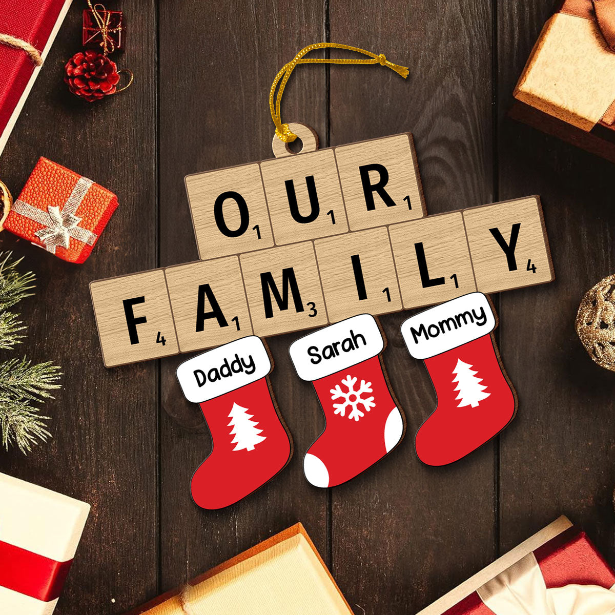Our Family Christmas Socks Puzzle Style Personalized Wooden Ornament, Christmas Decoration