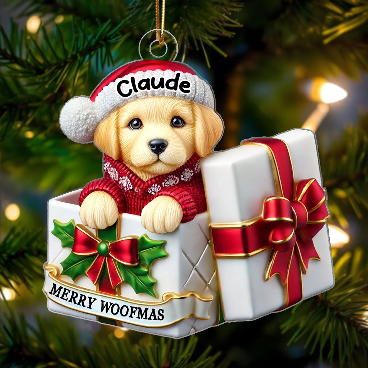 Cute Labrador Dog Inside Red Gift Box Personalized 2D Flat Acrylic Ornament, Christmas Gift for Dog Lovers