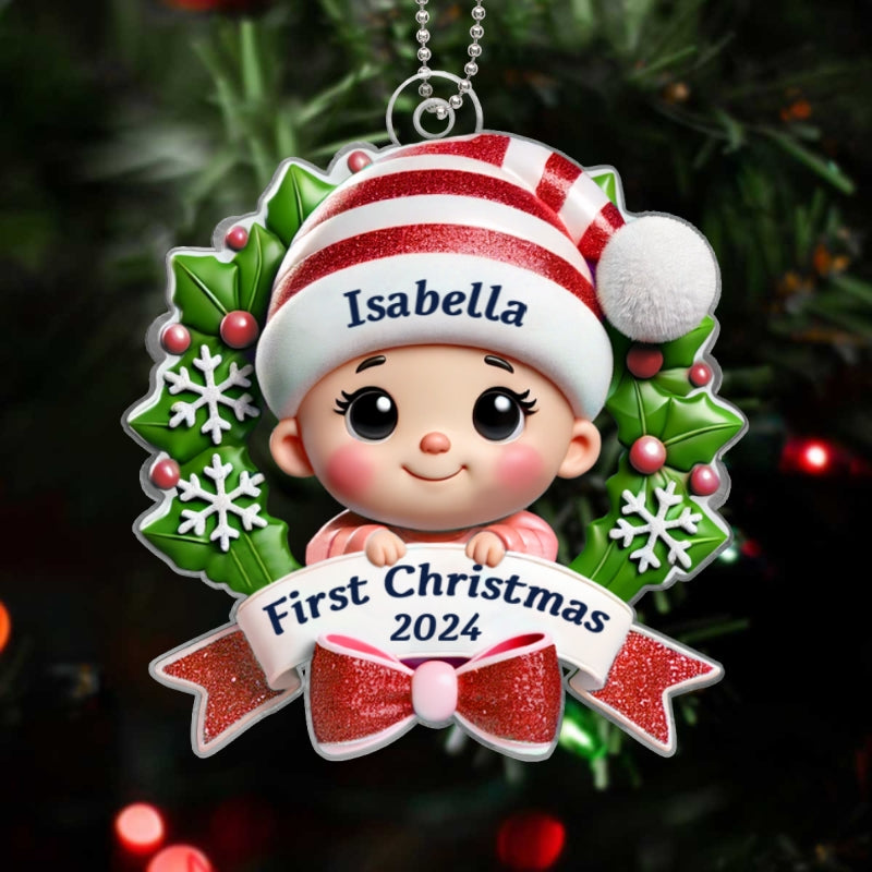 Baby's First Christmas Personalized Custom Shaped Acrylic Ornament, Baby In Christmas Wreath, Christmas in July