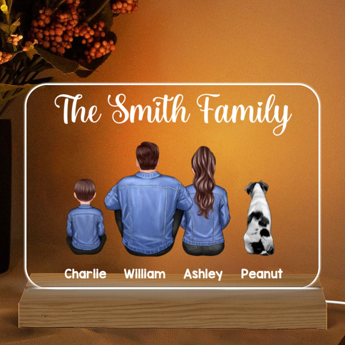 Denim Jacket Sitting Back View Family Personalized Warm Acrylic Custom Shape LED Night Light