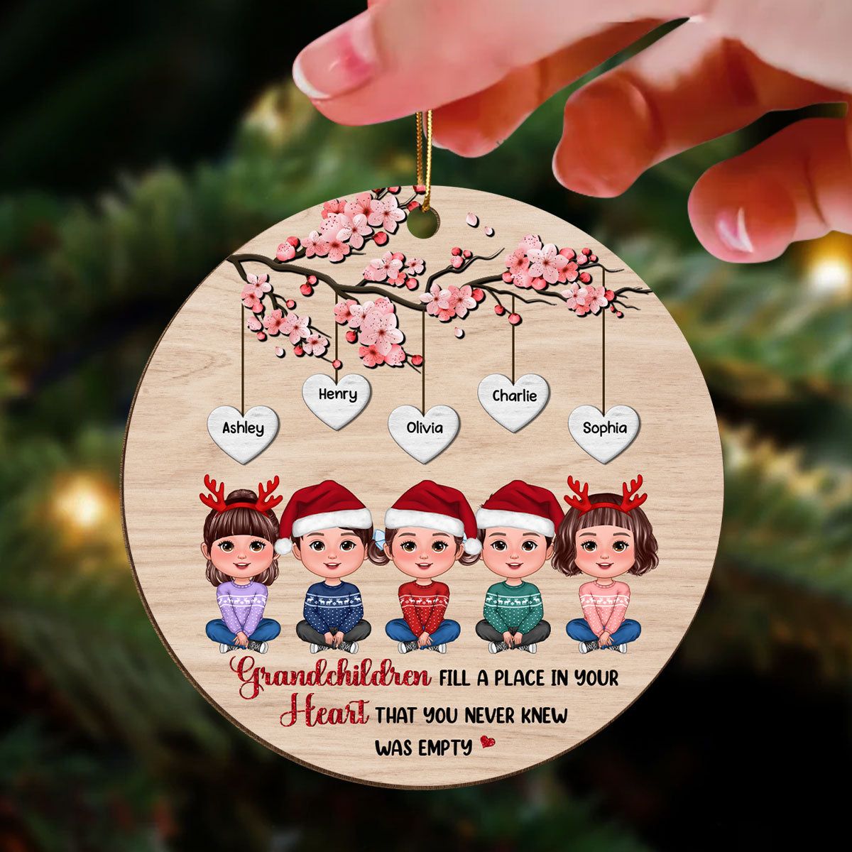 Grandkids Under Blossom Tree Christmas Gifts Personalized Wooden Ornament