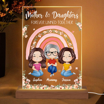 Mother Daughter Forever Linked Together Watercolor Style Women Floral Rainbow Personalized Rectangle Acrylic Plaque LED Night Light