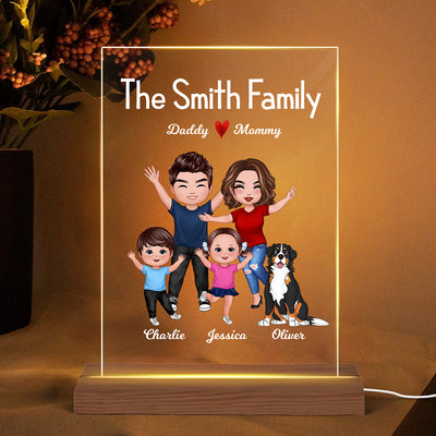 Happy Family Doll Couple Dad Mom Kids Dogs Cats - Personalized Acrylic Block Plaque LED Night Light