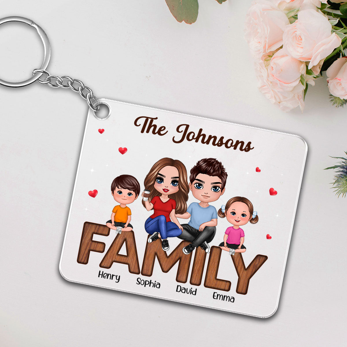 Doll Family Couple Kid Dog Cat Sitting On Text Personalized Acrylic Keychain