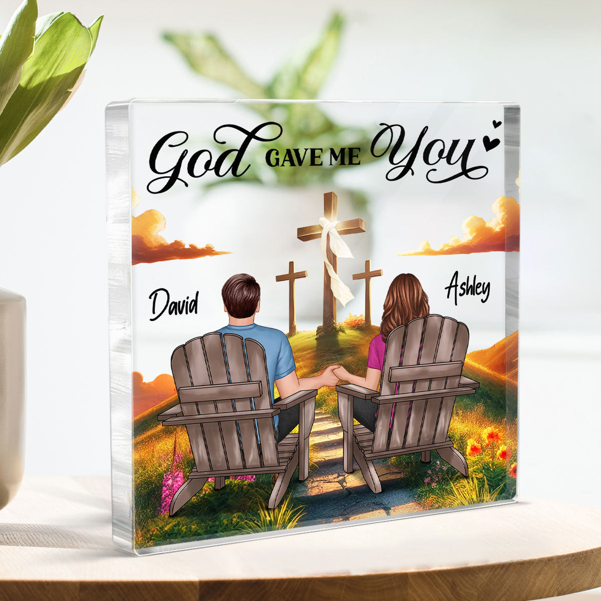 Cross God Knew My Heart Needed You Old Couple Sitting Together Personalized Acrylic Block Plaque, Anniversary  Gift For Him, Her, Husband, Wife