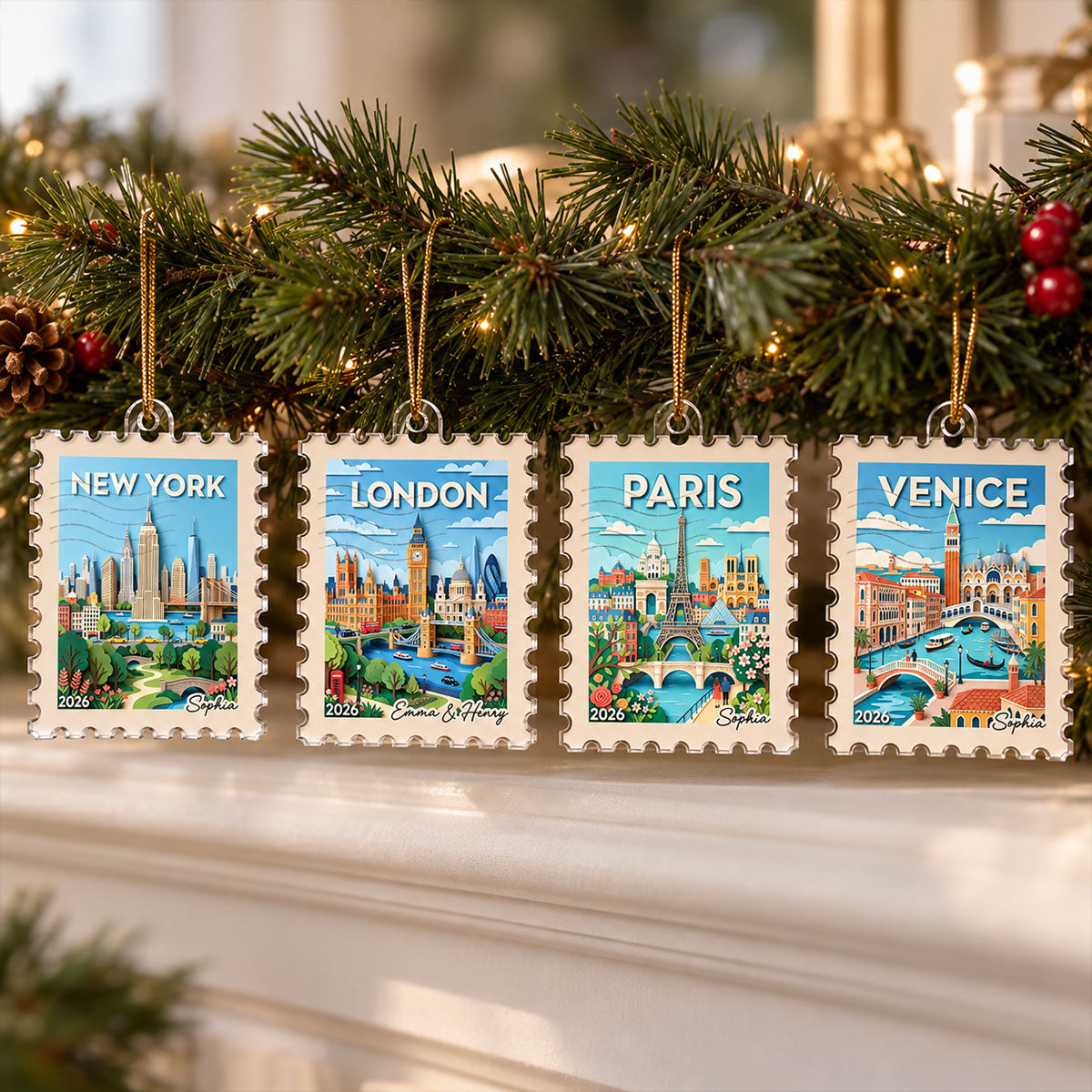 Any City Landscape Stamp - Personalized Acrylic Ornament - Travel Keepsake For Travel Lover