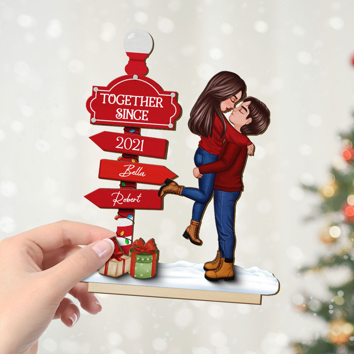Christmas Couple Kissing Sign Personalized Standing Wooden Plaque