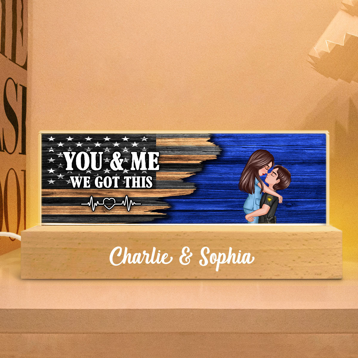 Hero Couple Hugging Kissing Half Flag  Gift by Occupation Personalized Acrylic Block LED Night Light