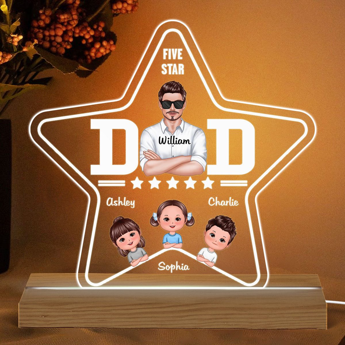 Five - Star Dad Real Man And Kids Personalized Custom Shape Acrylic LED Night Light