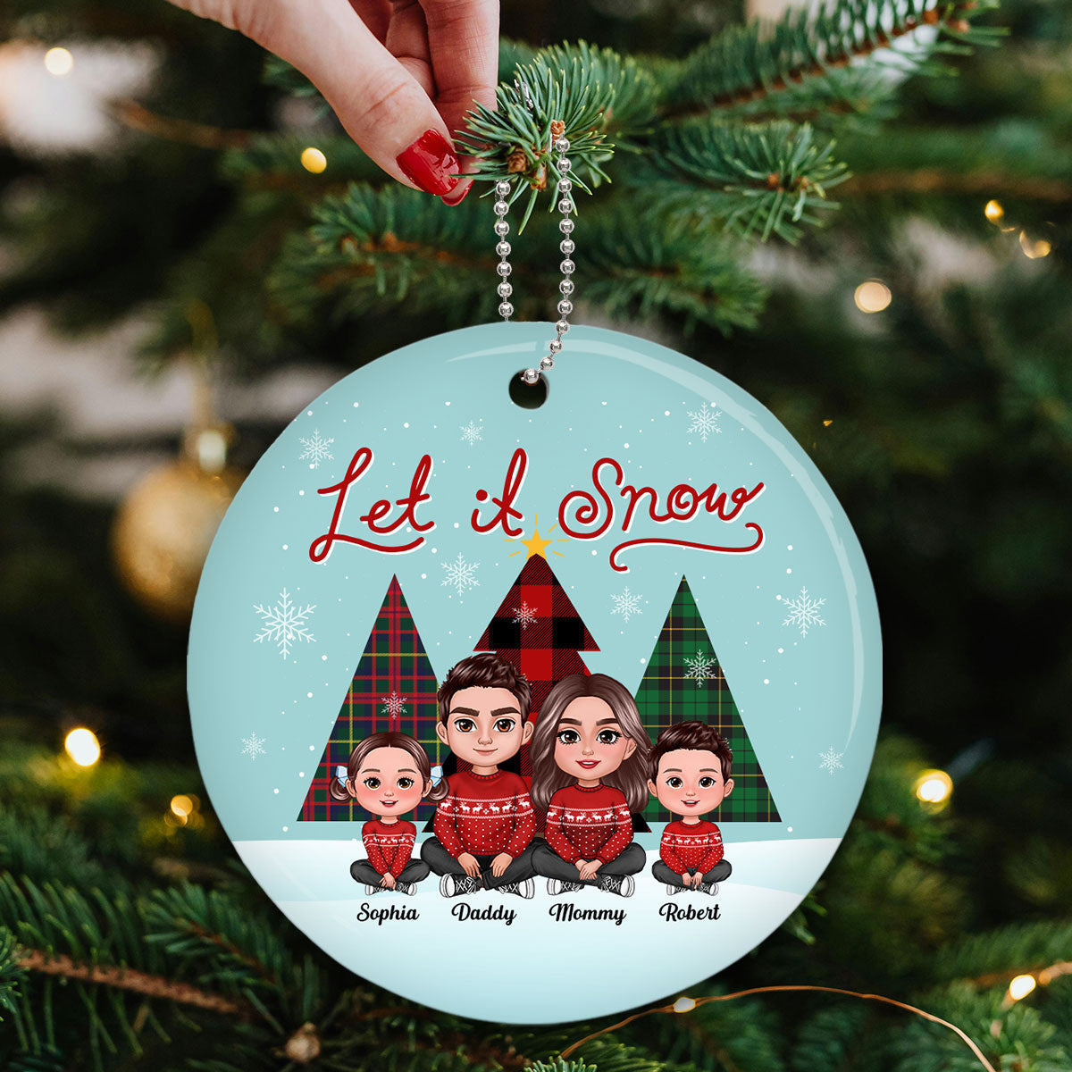 Let It Snow Family Sitting By Christmas Trees Personalized Ceramic Ornament