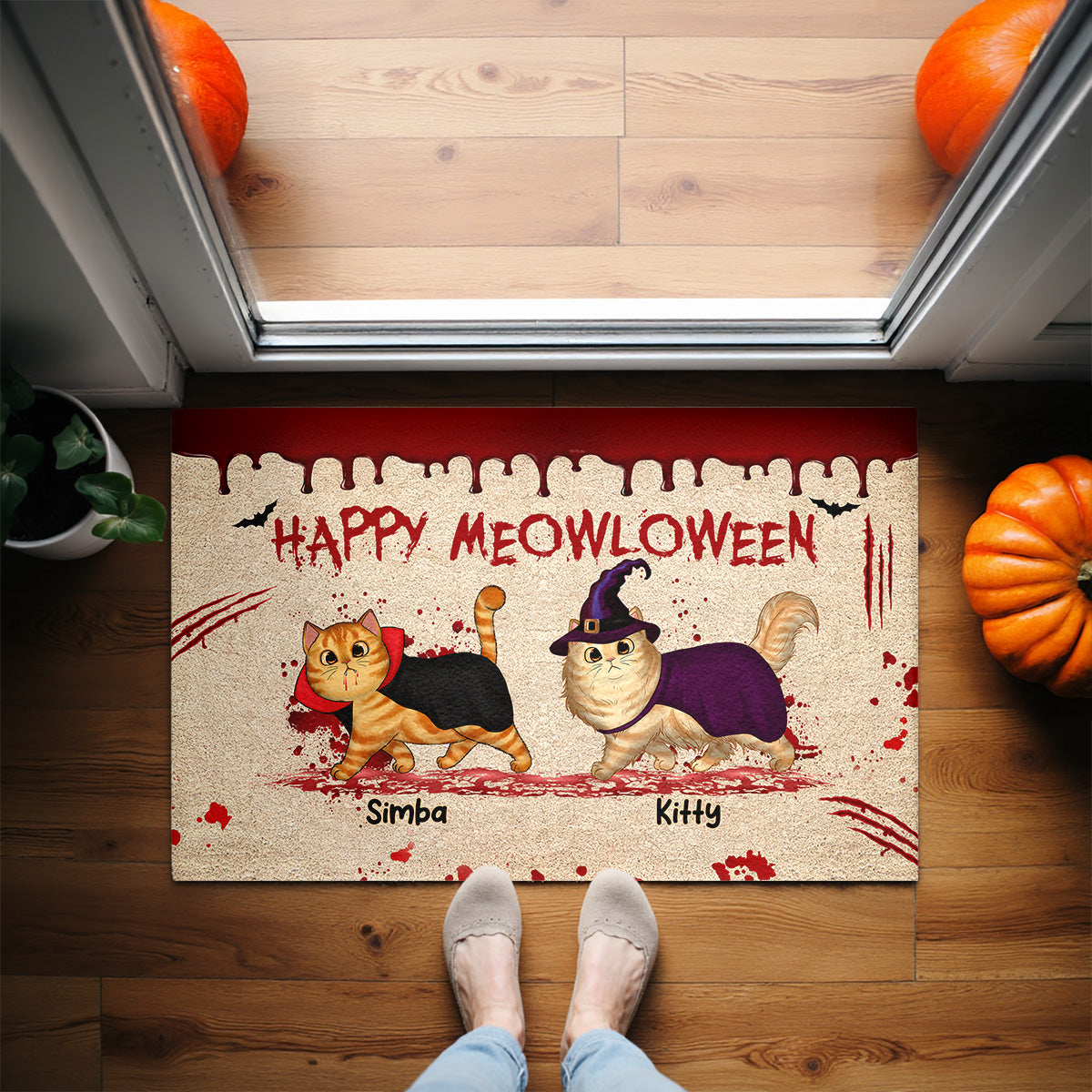 Happy Meowloween Spooky Walking Cat - Personalized Doormat