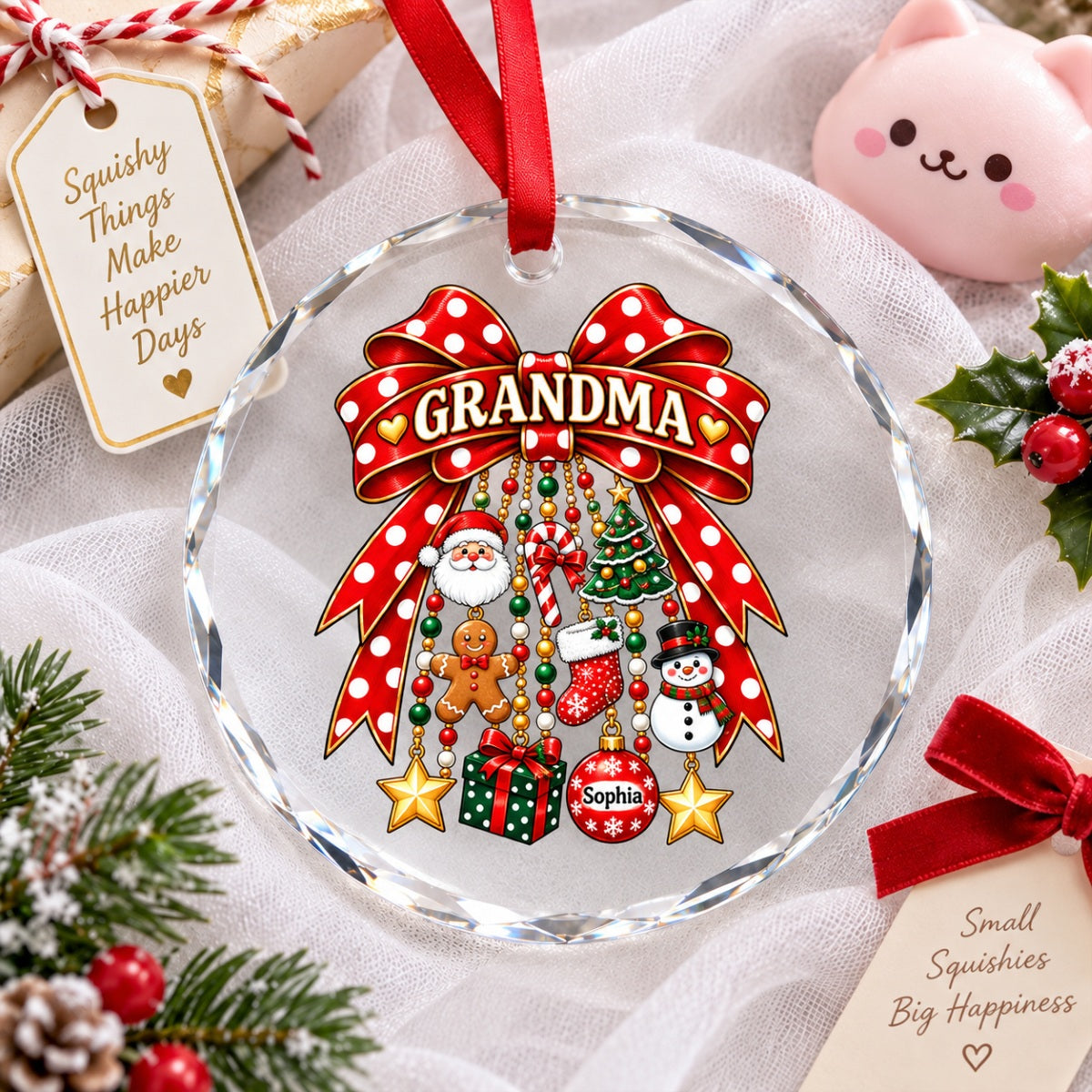 Grandma Retro Christmas Charm Bow - Personalized Glass Ornament - Trendy Christmas for Grandma