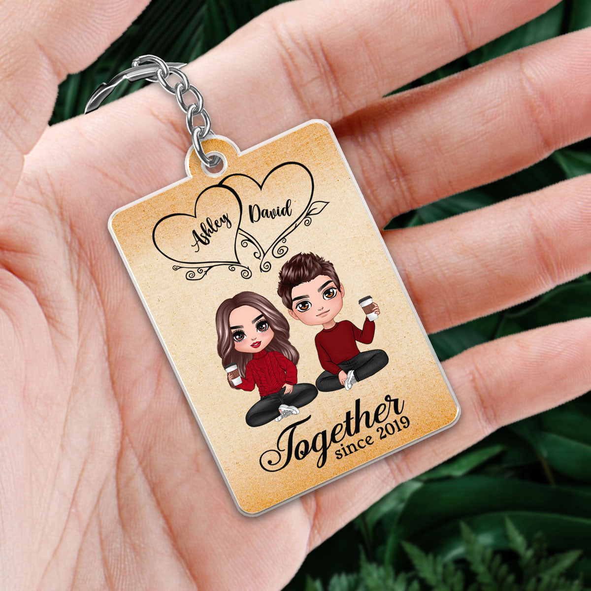 Hearts Doll Couple Sitting Favorite Song Scannable QR Code Personalized Acrylic Keychain