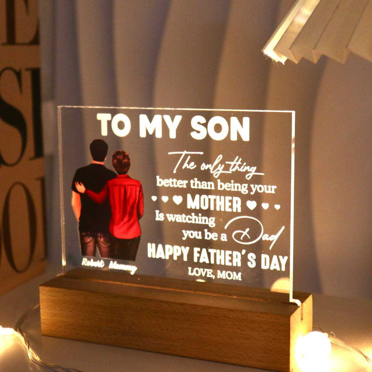 From Mom To Son Happy Father's Day Personalized Acrylic Warm LED Night Light, Heartfelt Gift For Son