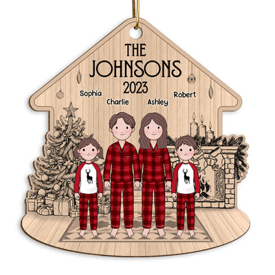 Simple Cartoon Whole Family At Fireplace Sketch Background Personalized Wooden Ornament