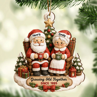 Rustic Vintage Santa Couple Growing Old Together - Personalized Wooden Ornament - Christmas Gift For Couple