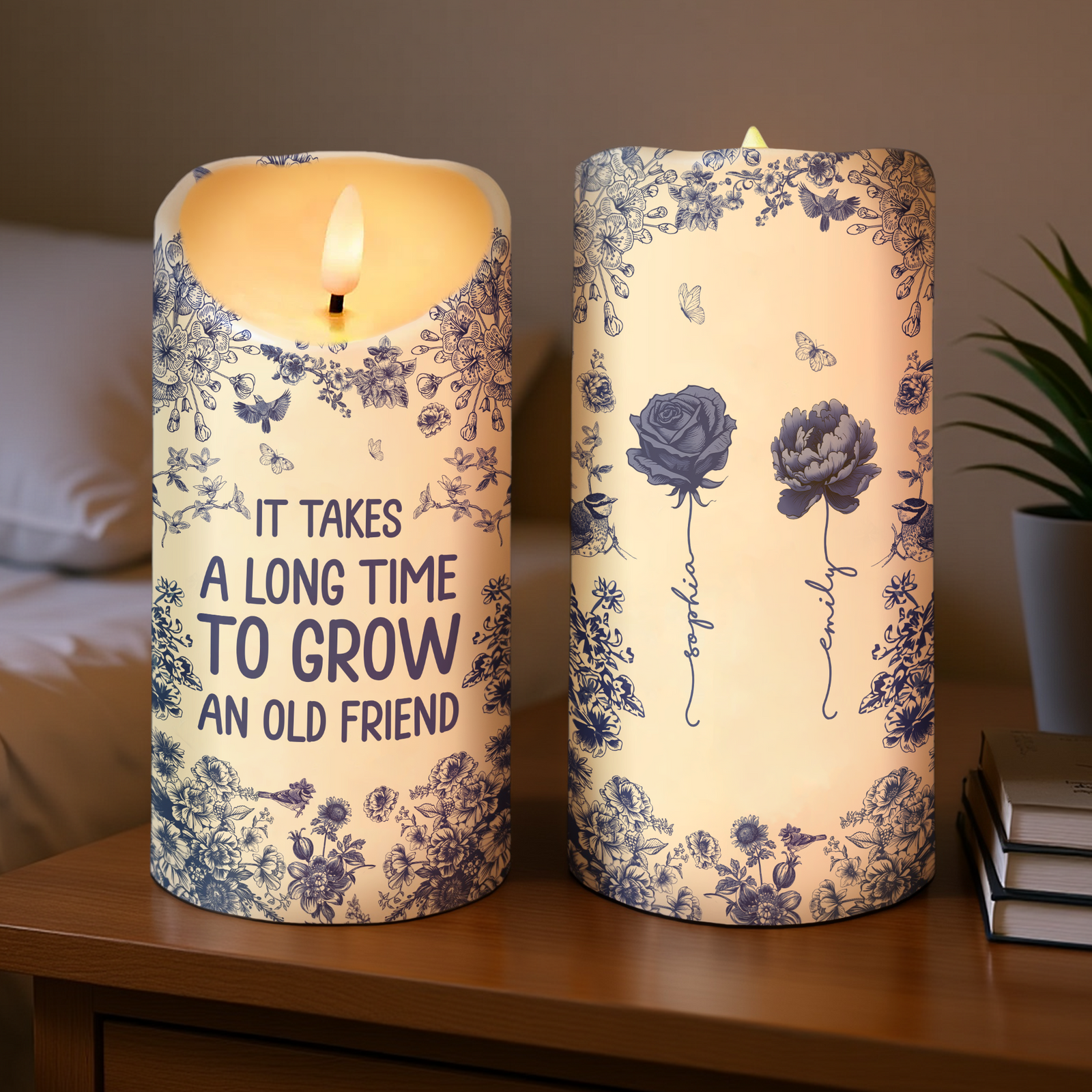 Chinoiserie Besties It Takes A Long Time To Grow Old Friends Personalized LED Candle