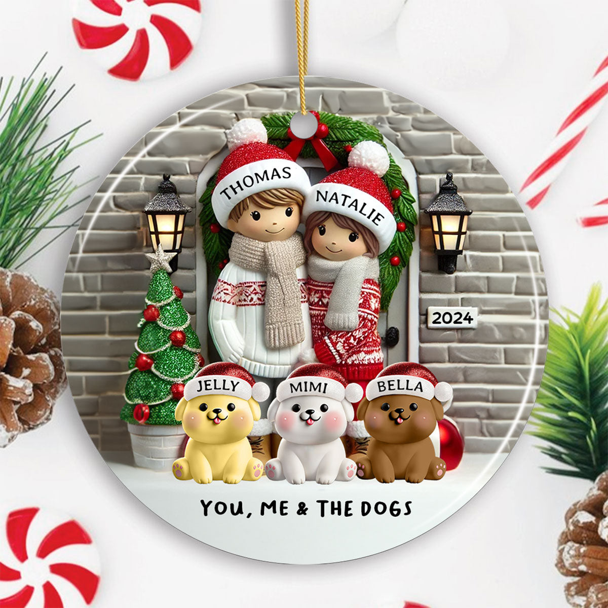 Farmhouse Couple Personalized Christmas Ceramic Ornament with Optional Pet Dog Cat, Christmas Gift for Him, Gift for Her