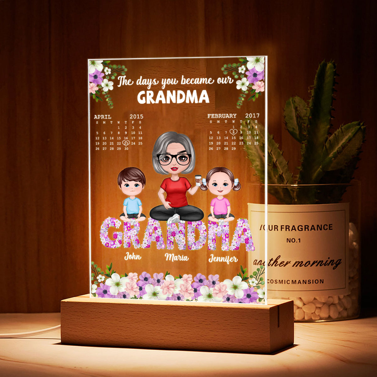 Grandma Grandkids Sitting On Flower Text Calendar Personalized Acrylic LED Night Light