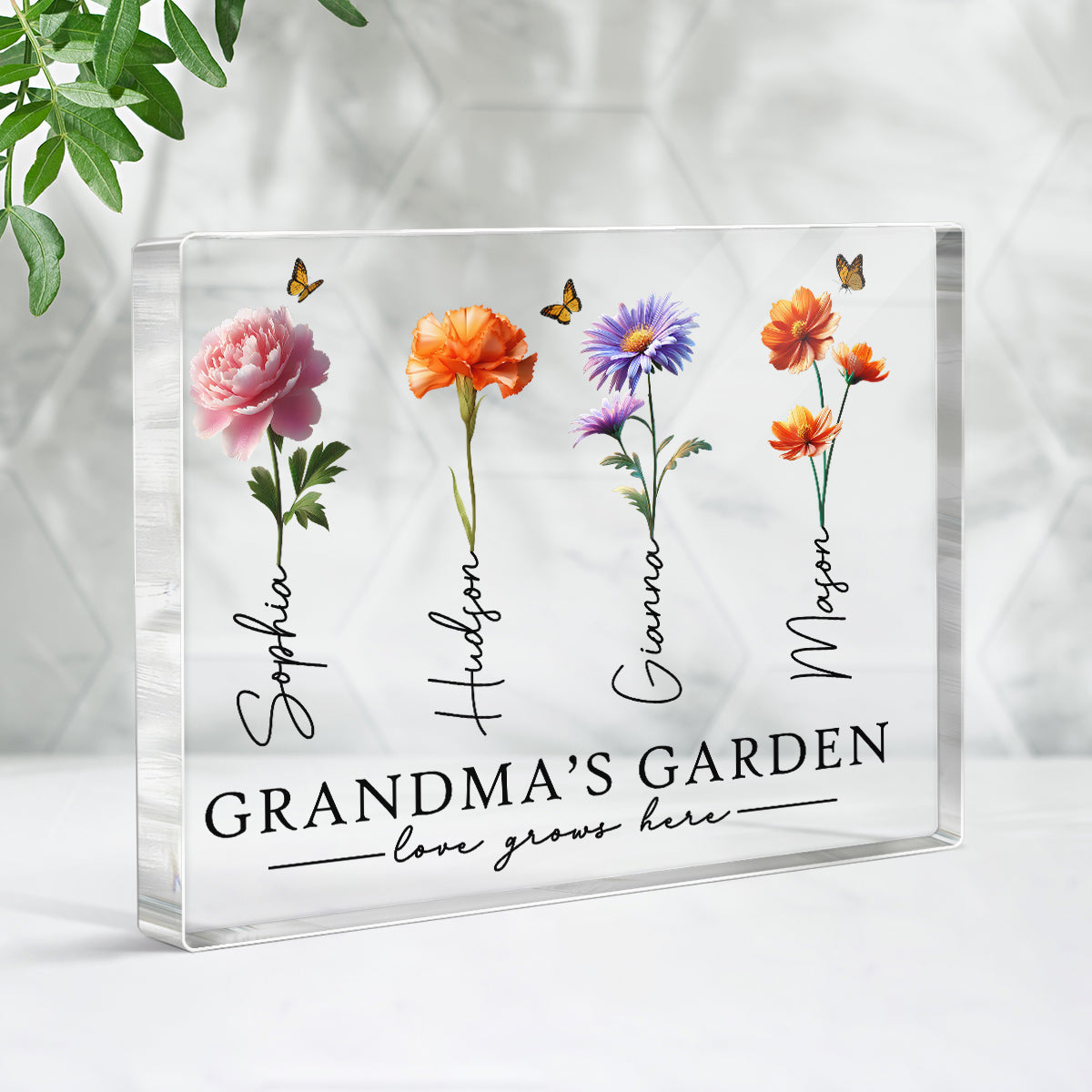 Grandma's Garden 3D Effect Birth Month Flowers Personalized Rectangle Acrylic Block Plaque