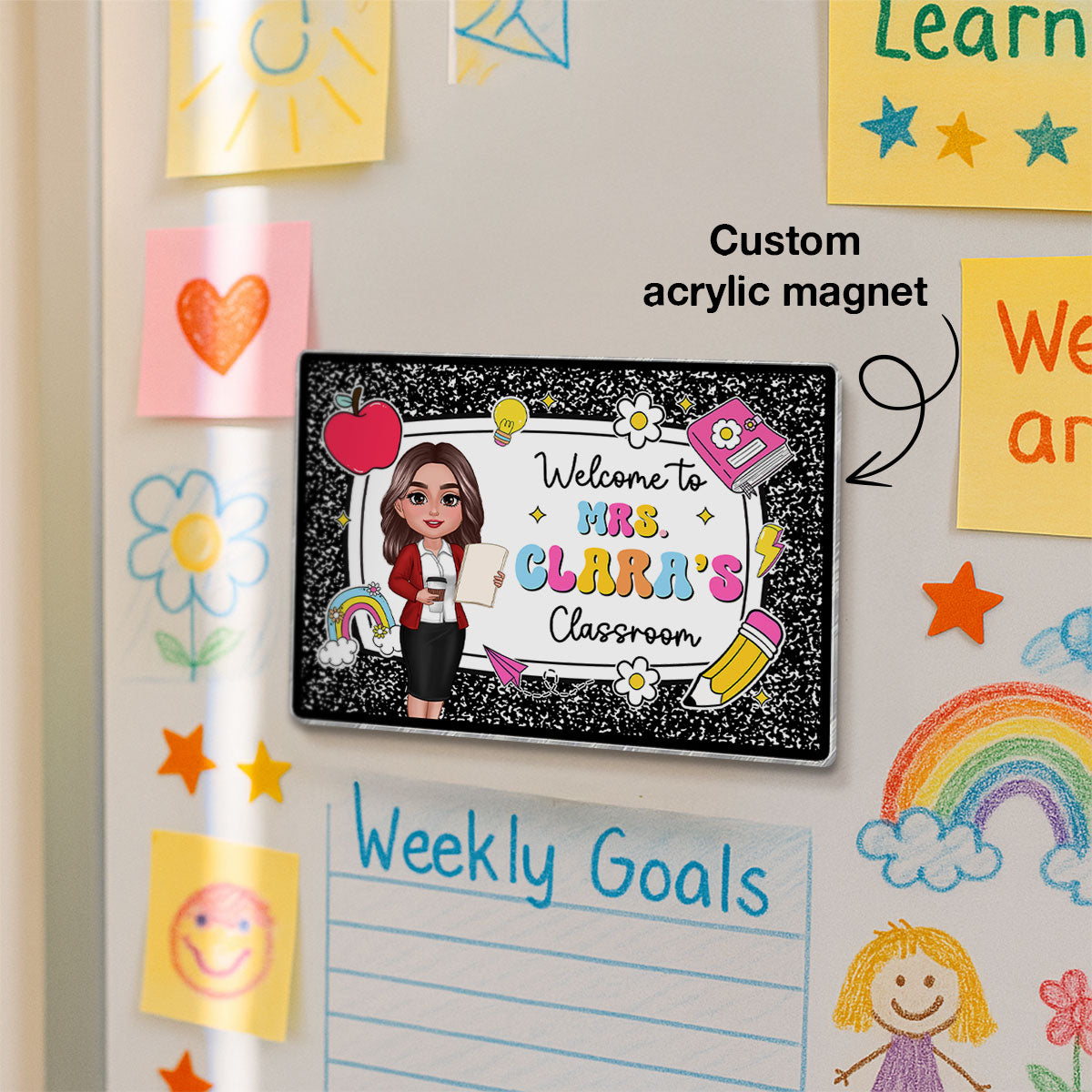 Teacher Composition Book Pattern Personalized Acrylic Whiteboard Magnet, Classroom Decor