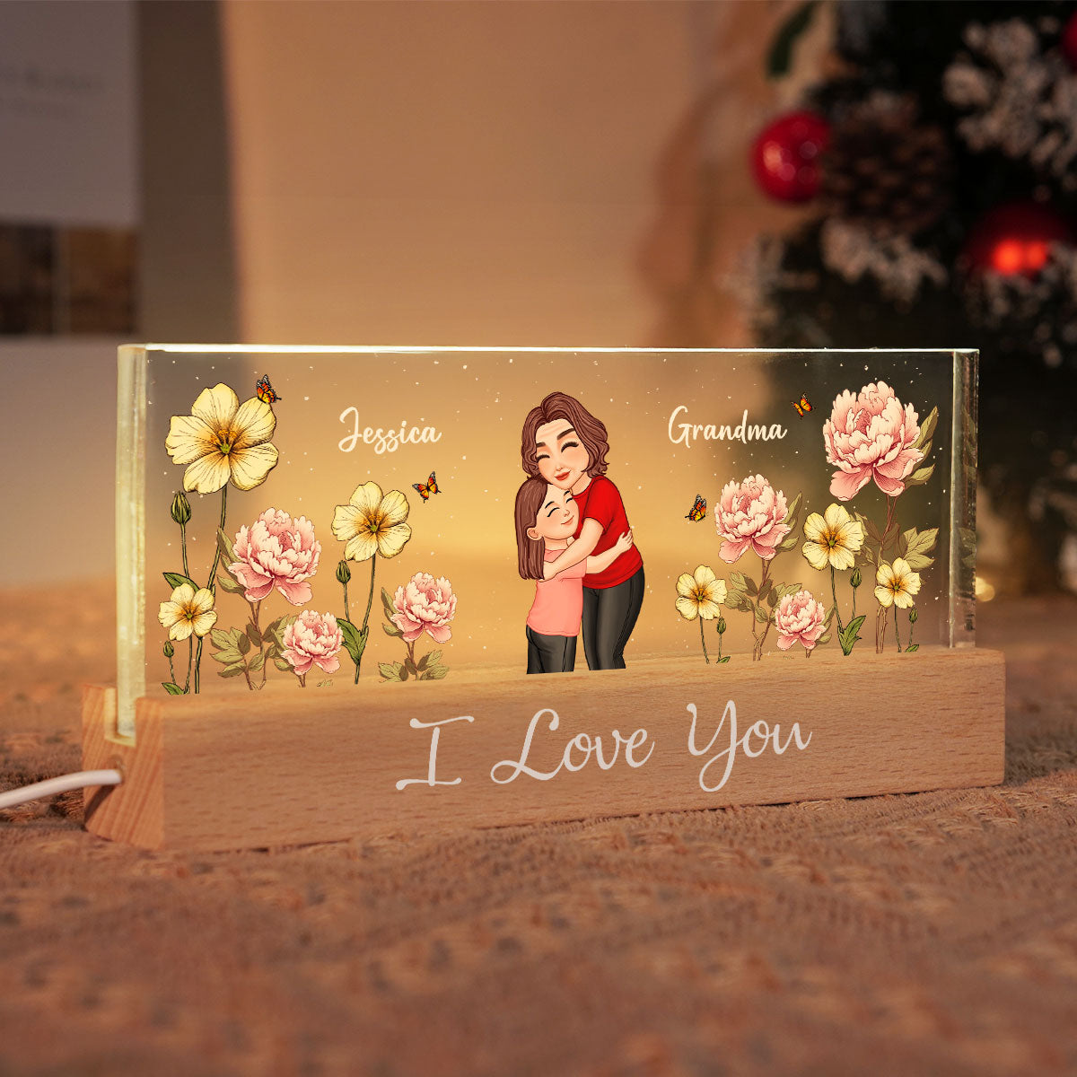 Grandma Hugging Grandkid Birth Month Flower Personalized Acrylic Block LED Night Light, Heartfelt Gift For Grandma, Grandkids