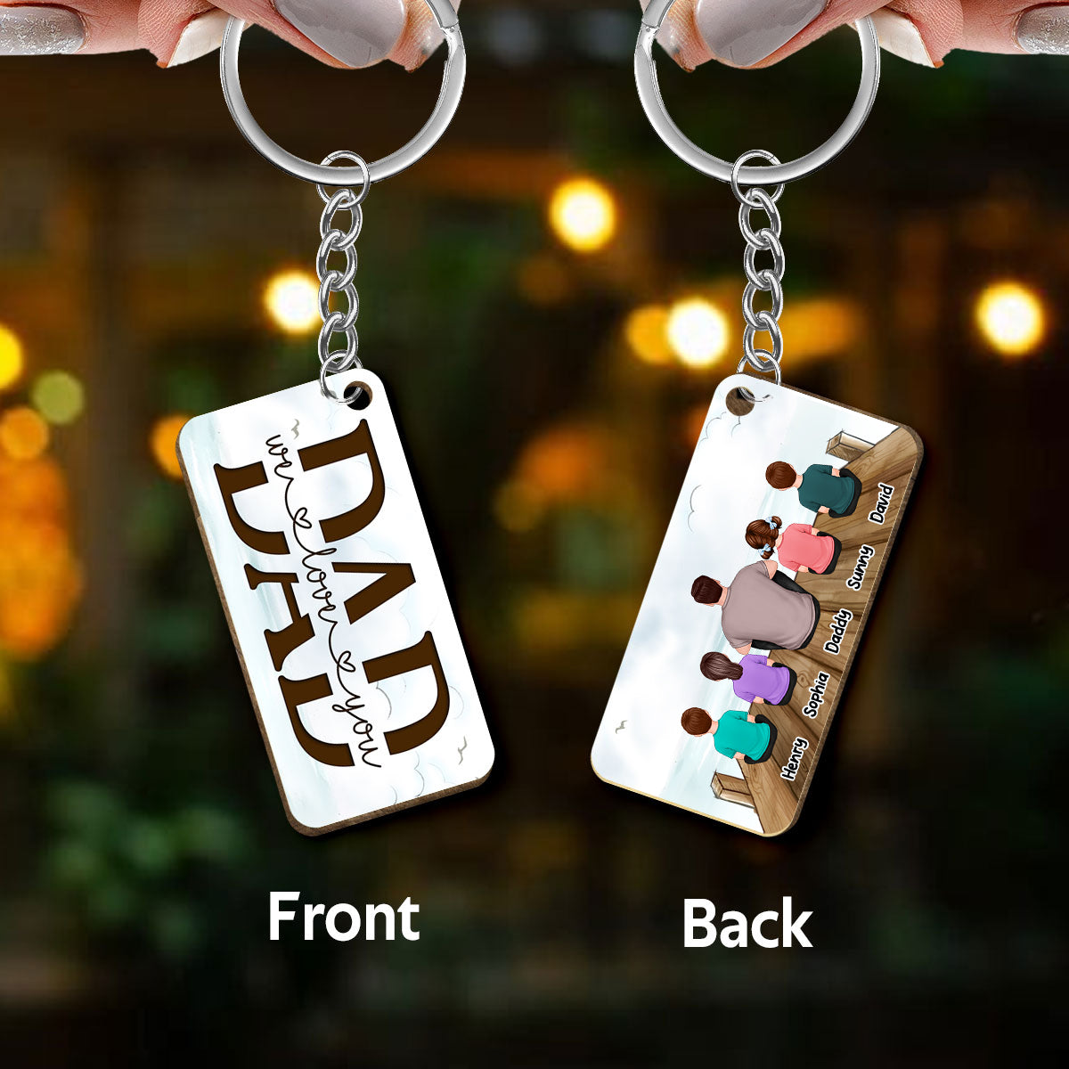 On The Bridge Best Dad Ever Back View Man Kids Dog Cat Father‘s Day Gift Personalized Wooden Keychain