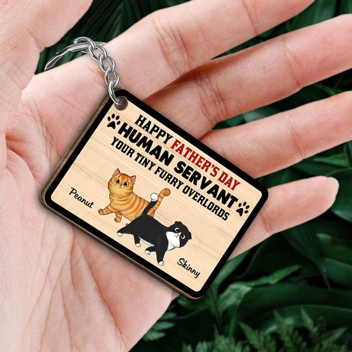 Happy Father‘s Day Human Servant Fluffy Cat Personalized Wooden Keychain