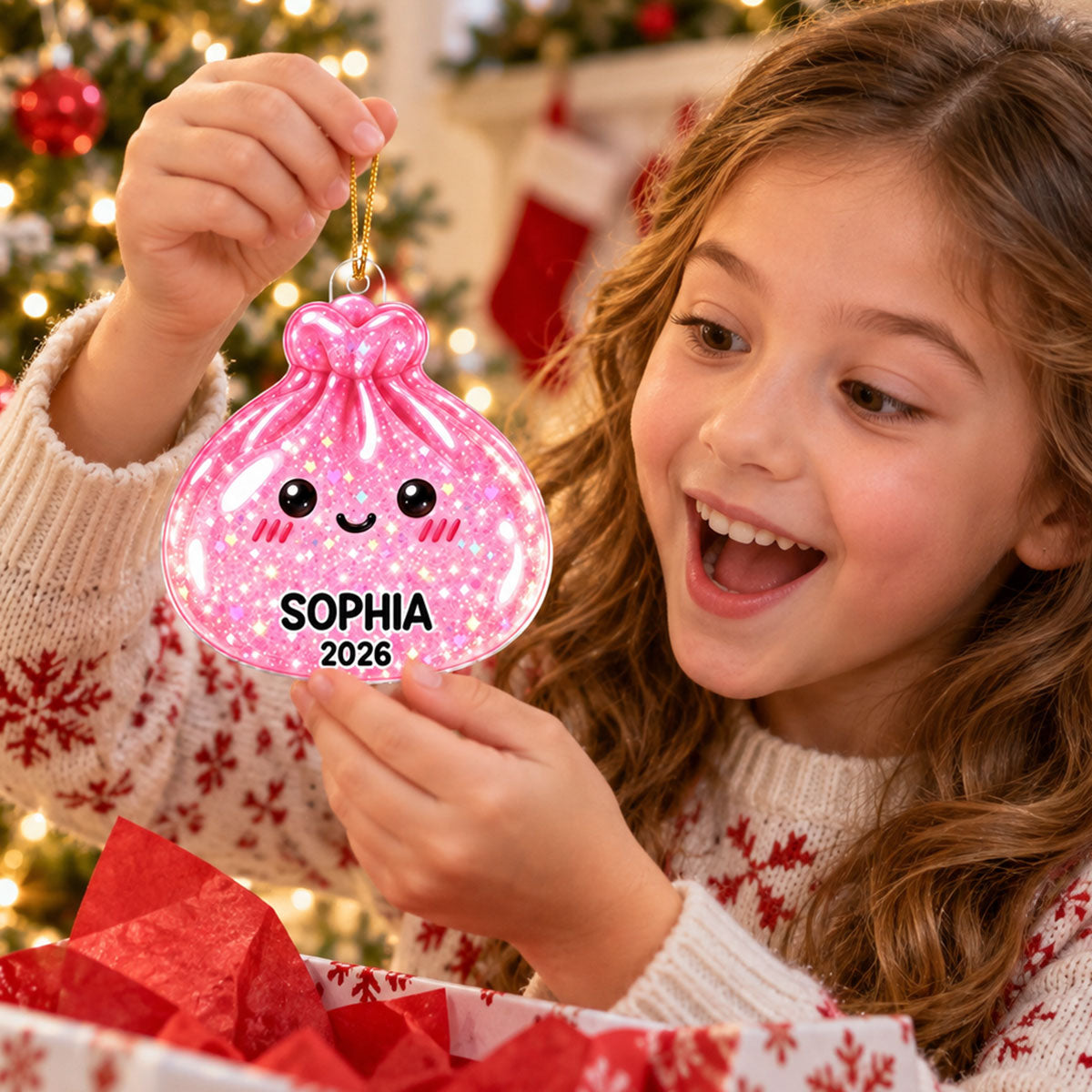 Super Cute Funny Dumpling Dim Sum Custom Name - Personalized Acrylic Ornament - Christmas Gift, Keepsake For Kids, Teenagers