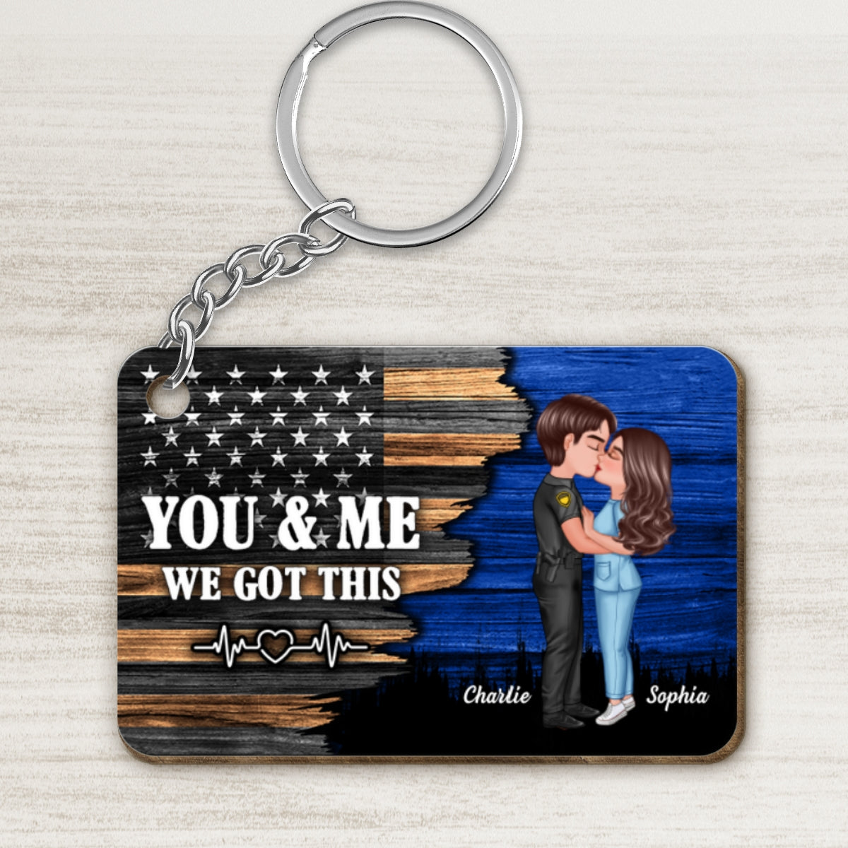 Hero Couple Kissing Half Flag Gift by Occupation Firefighter, Nurse, Police Officer Personalized Wooden Keychain