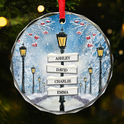 Winter Family Names Lamp Post Signs Christmas Glass Ornament, Christmas Gift For Family