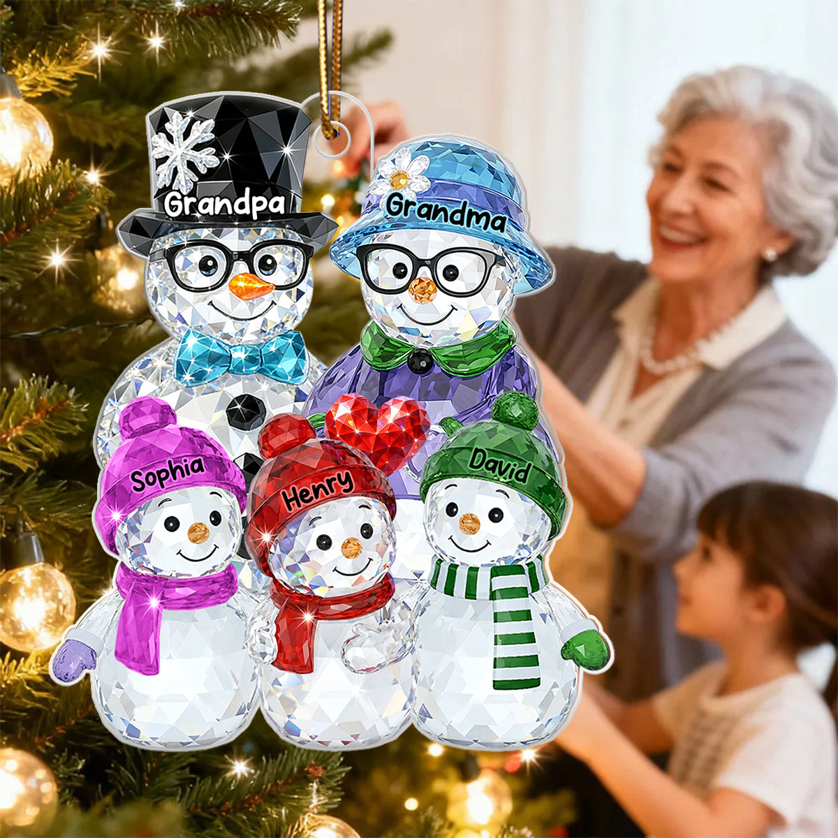 Grandparents And Grankids Snowman Pattern Crystal - Personalized Acrylic Ornament - Heartwarming Christmas Gift For Grandpa, Grandma, Grandparents