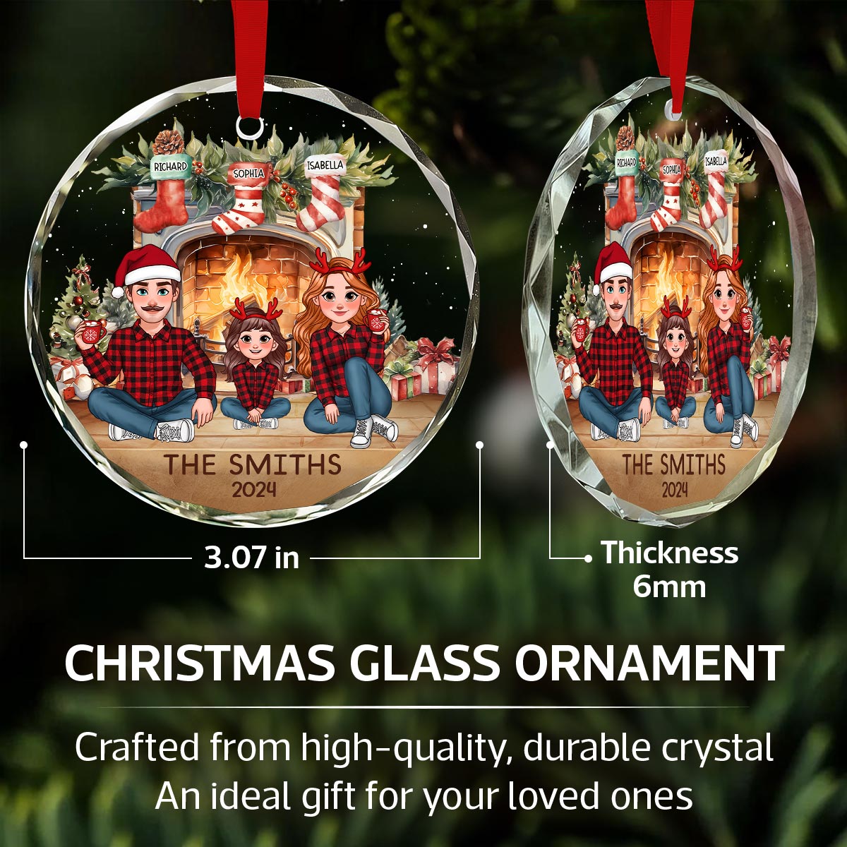 Animated Family Vintage Christmas Stockings Fireplace Personalized Glass Ornament, Christmas Gift For Family