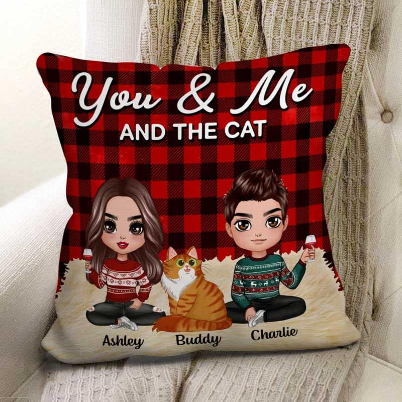 Doll Couple Sitting With Cats Christmas Personalized Pillow (Insert Included)