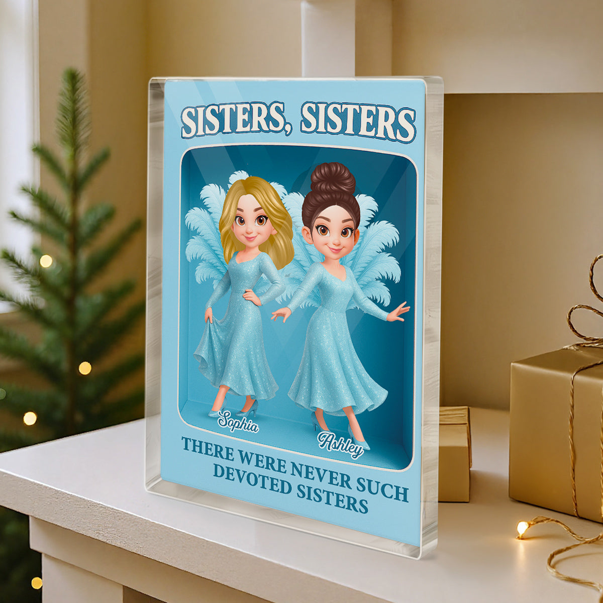 Pretty Cartoon Sisters Besties Blue Dress Toy Box Figure Style Personalized Acrylic Block Plaque