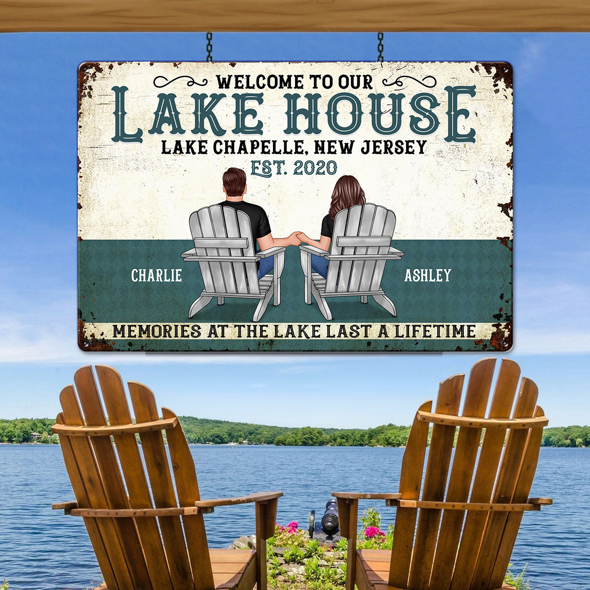 Welcome To Our Lake House Back View Couple Personalized Metal Sign