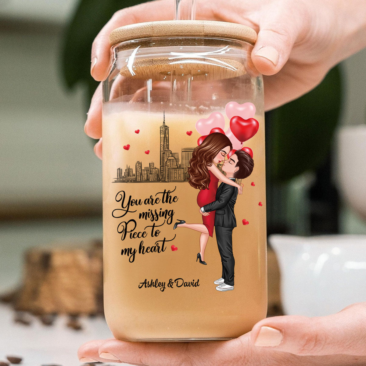 Couple Hugging Kissing You‘re The Missing Piece To My Heart Personalized Clear Glass Can