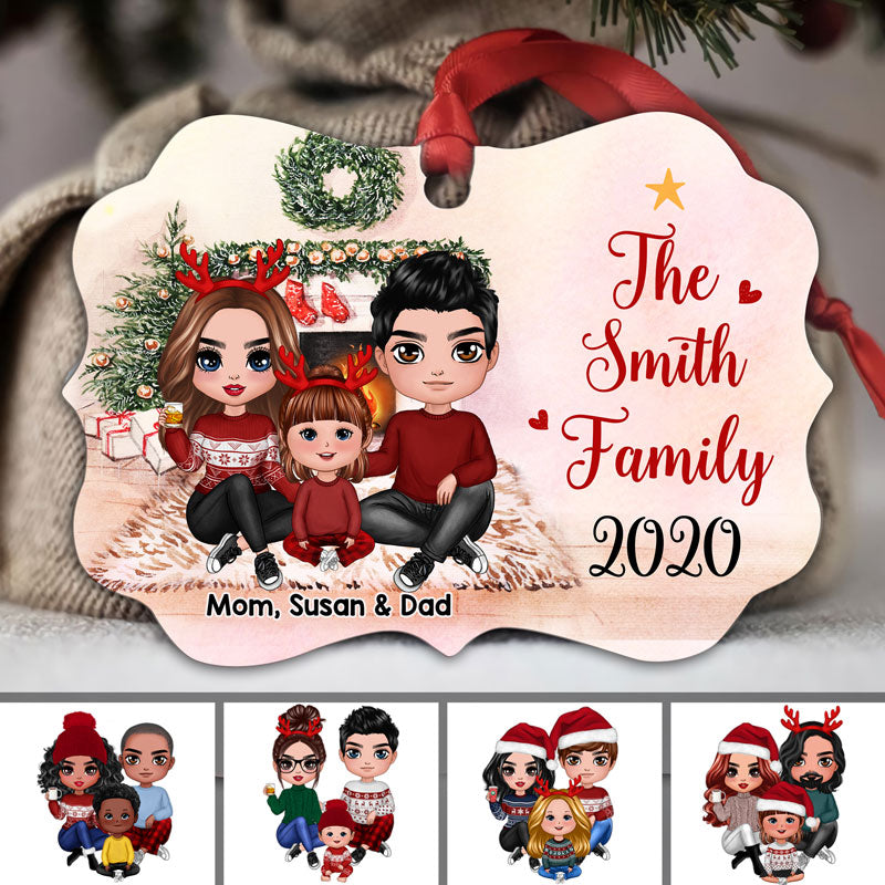Family Sitting Beside Fireplace Personalized Christmas Ornament