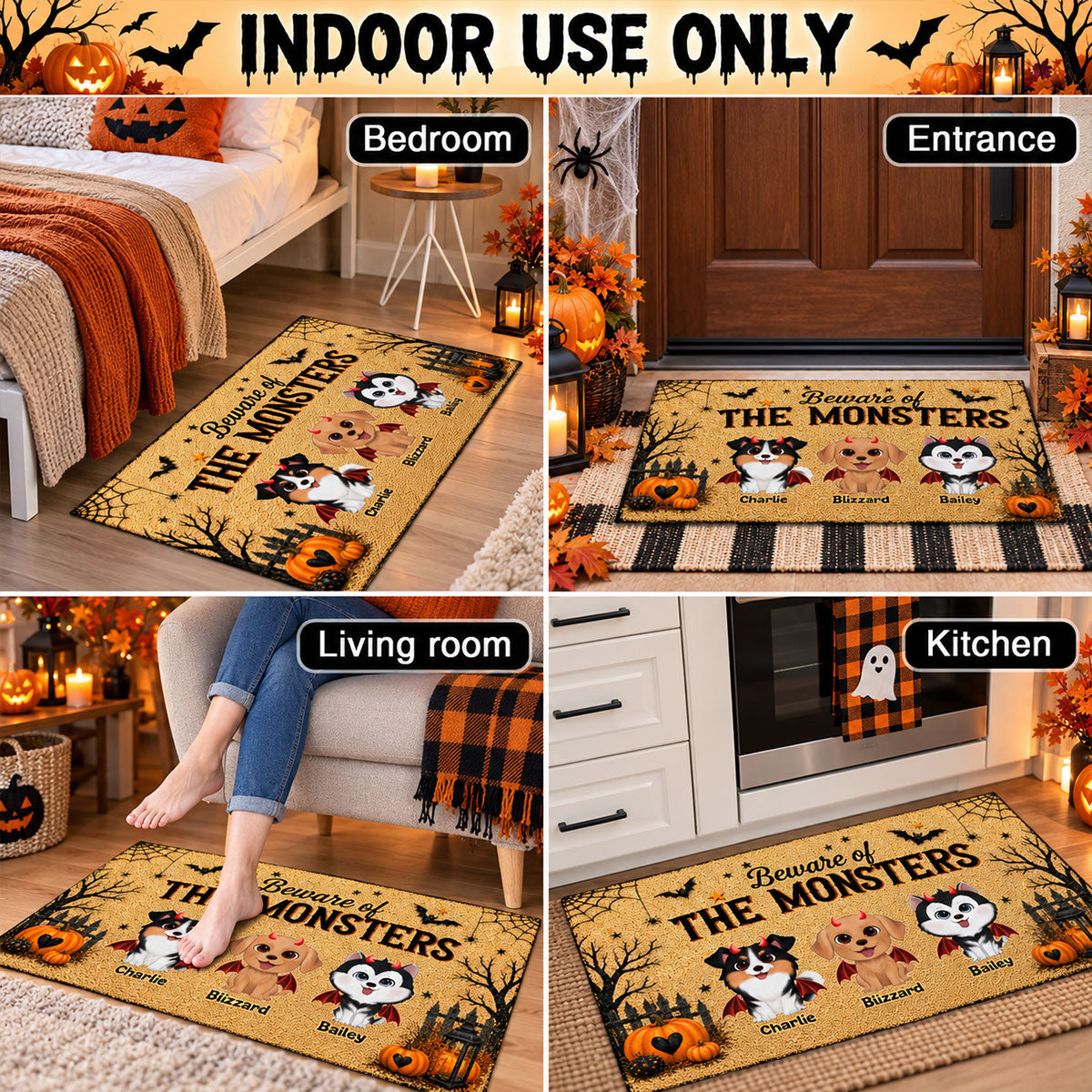 Halloween Theme Beware Of The Monsters Dogs - Personalized Doormat - Halloween Decor For Dog Lovers
