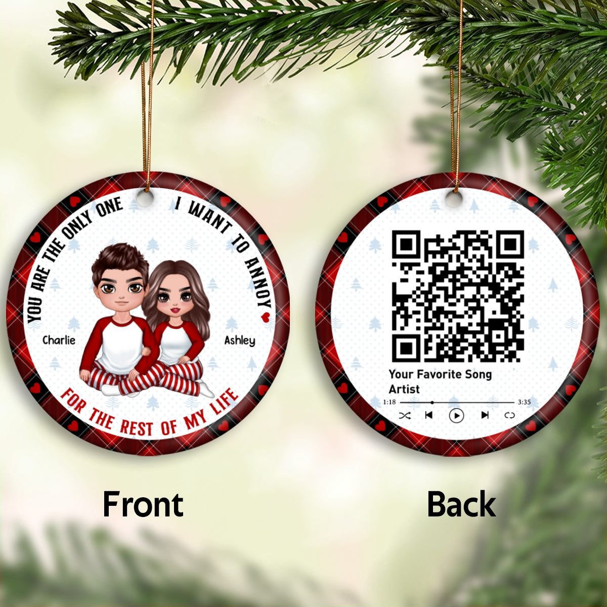 Doll Couple Sitting Annoying Each Other Favorite Song QR Code Personalized Double Sided Circle Ornament