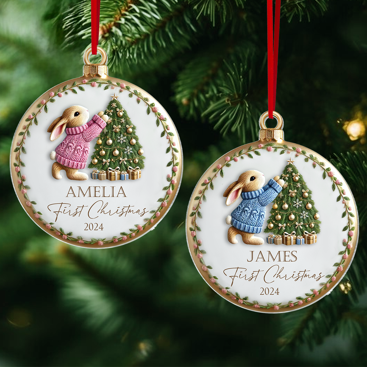 Baby's First Christmas Cute Pink Blue Bunny Rabbit For Baby Boy Girl Personalized Acrylic Ornament, New Parents Keepsake, Gift For Newborn