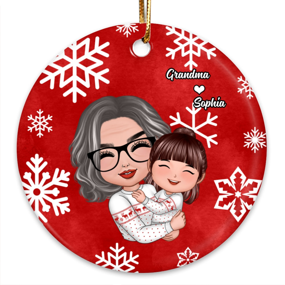 Christmas Pattern Doll Grandma Mom Hugging Kid Gift For Granddaughter Grandson Personalized Circle Ornament