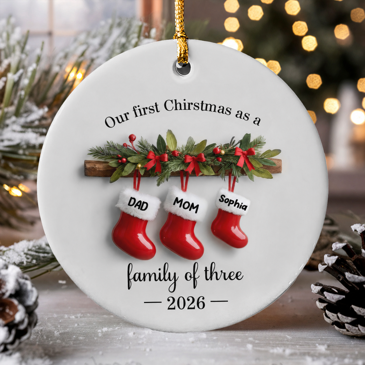 Family Christmas Stockings 3D Effect - Personalized Ceramic Ornament - Christmas Tree Decor For Family