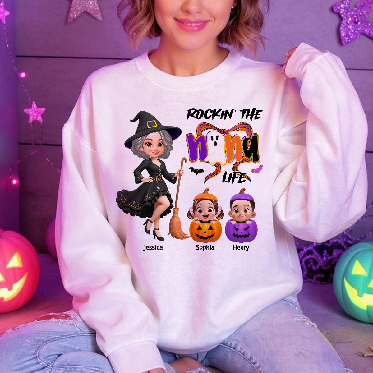Rockin' Grandma Life Halloween Coquette Bow Grandkids Pumpkins Personalized Sweatshirt