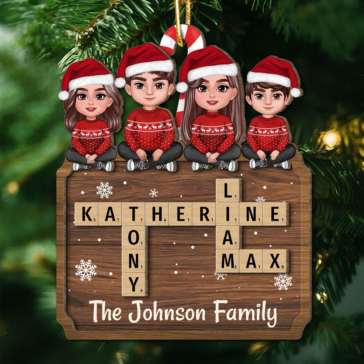 Animated Family Sitting On Crossword Puzzle Board Personalized 2-Layer Wooden Ornament