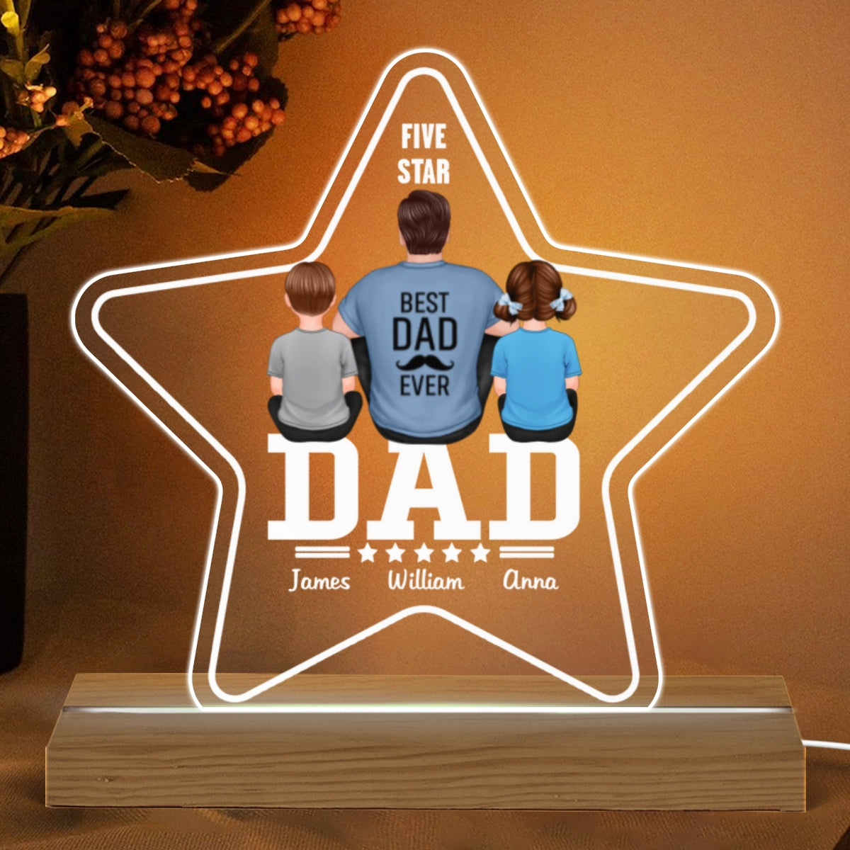 Five - Star Dad Back View Dad And Kids Personalized Warm Acrylic Custom Shape LED Night Light