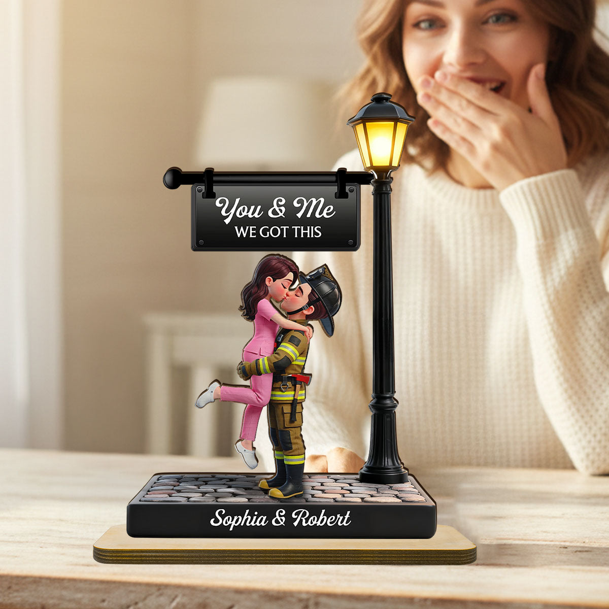 Proud Hero Couple Under Lamp Post - Personalized 2-Layered Wooden Plaque - Valentine's Day Gift For Couple, For Him, For Her, Nurse, Police, Firefighter, Army