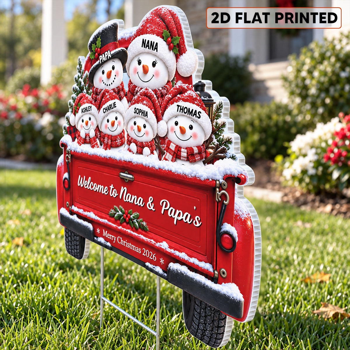 Christmas Cute Snowman Family On Truck 2D Flat Printed - Personalized Yard Sign - Christmas Decor For Family, Grandparents