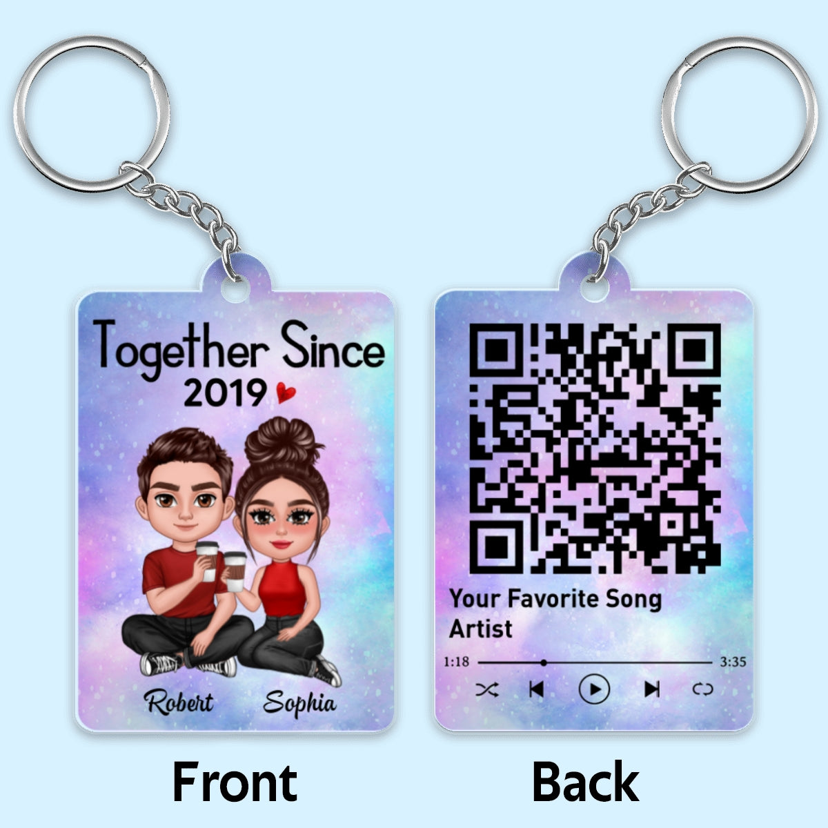 Doll Couple Sitting Together Favorite Song Scannable QR Code Personalized Acrylic Keychain