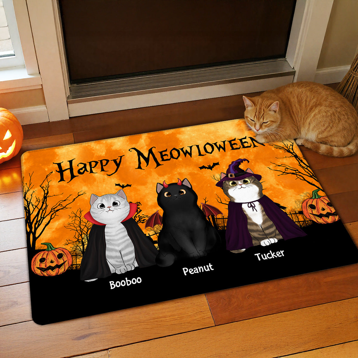 Happy Meowloween Halloween Moon Light Bat Tree Spooky Cat Personalized Doormat, Purrfect Decor for Cat Lover
